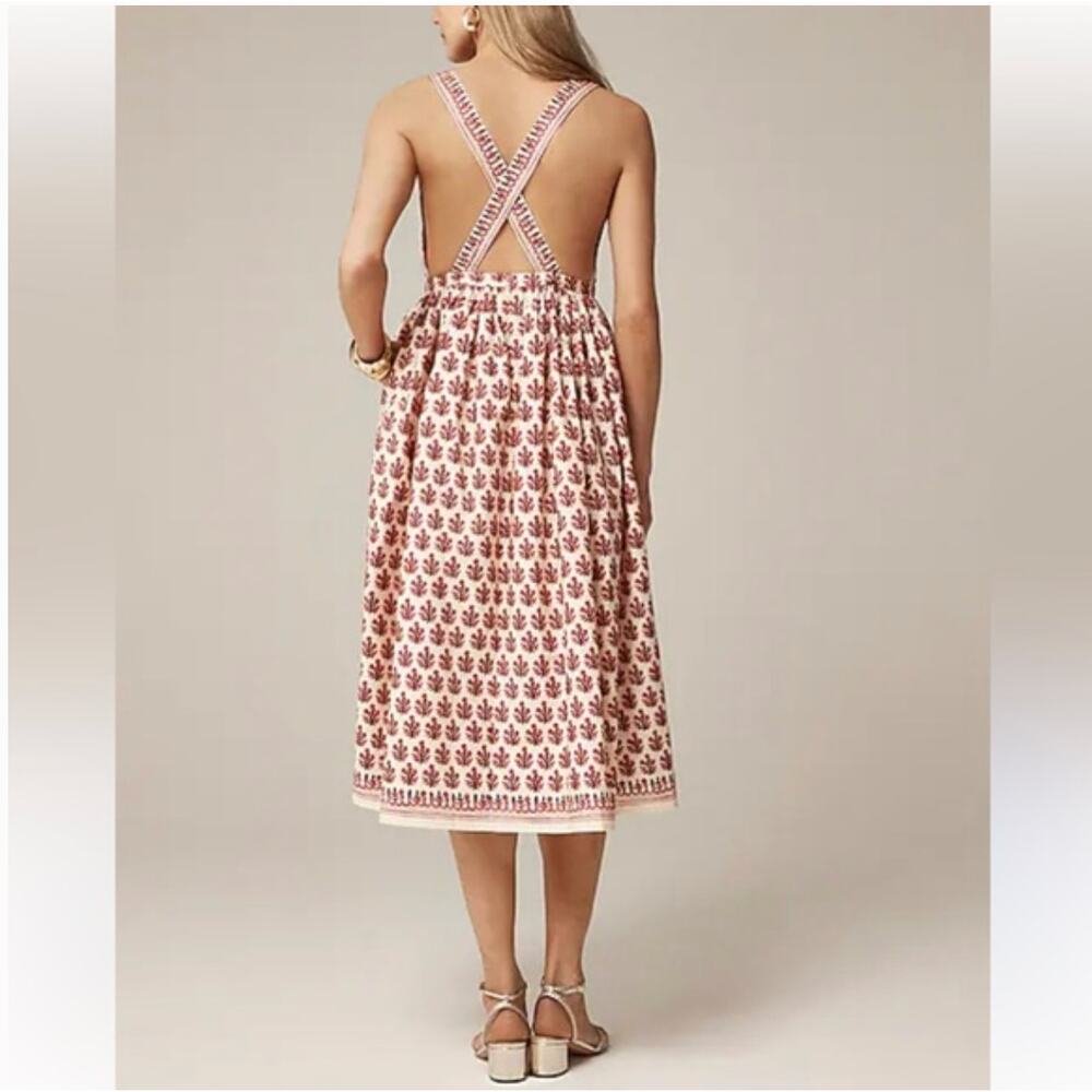 J Crew Apron Midi Dress 8 Red Block Print Foral NWT CK832 J.Crew Boho Western - Picture 3 of 5